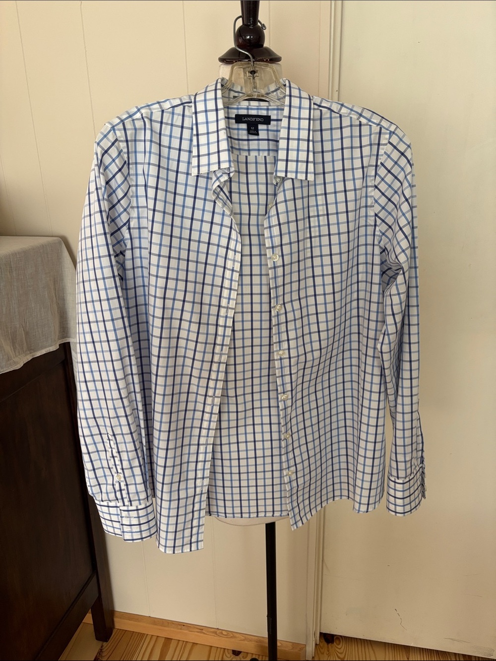Lands' End White and Blue Windowpane Men's Dress Shirt